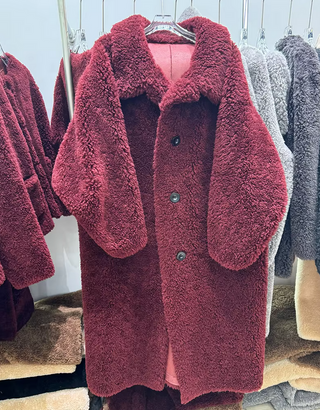 Teddy Wool Coat MaxiWine Red Sheep Skin - Cielie Vienna Designer