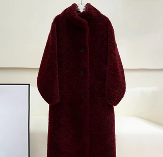 Teddy Wool Coat Maxi Brown Wine Red Bordeaux Burgundy Sheep Skin - Cielie Vienna Designer