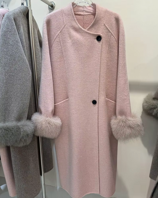 Elegant women's wool coat with real removable fox fur cuffs, high-quality cashmere winter coat available in brown, grey, white, and light pink, long overcoat for sophisticated winter style, luxury fox fur cuff wool coat. Cielie Vienna Brown Coat