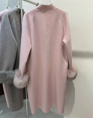 Elegant women's wool coat with real removable fox fur cuffs, high-quality cashmere winter coat available in brown, grey, white, and light pink, long overcoat for sophisticated winter style, luxury fox fur cuff wool coat. Cielie Vienna Brown Coat