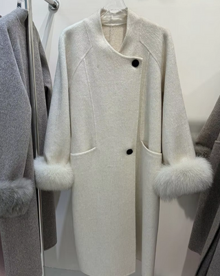 Elegant women's wool coat with real removable fox fur cuffs, high-quality cashmere winter coat available in brown, grey, white, and light pink, long overcoat for sophisticated winter style, luxury fox fur cuff wool coat. Cielie Vienna Brown Coat