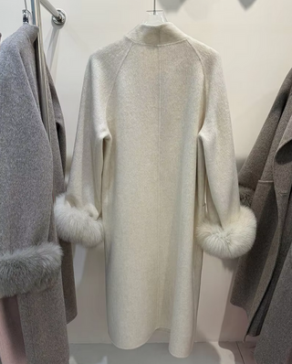 Elegant women's wool coat with real removable fox fur cuffs, high-quality cashmere winter coat available in brown, grey, white, and light pink, long overcoat for sophisticated winter style, luxury fox fur cuff wool coat. Cielie Vienna Brown Coat