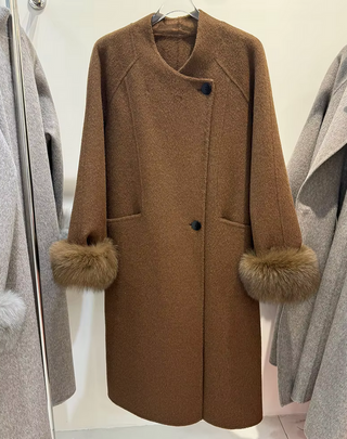 Elegant women's wool coat with real removable fox fur cuffs, high-quality cashmere winter coat available in brown, grey, white, and light pink, long overcoat for sophisticated winter style, luxury fox fur cuff wool coat. Cielie Vienna Brown Coat