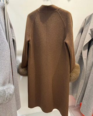 Elegant women's wool coat with real removable fox fur cuffs, high-quality cashmere winter coat available in brown, grey, white, and light pink, long overcoat for sophisticated winter style, luxury fox fur cuff wool coat. Cielie Vienna Brown Coat