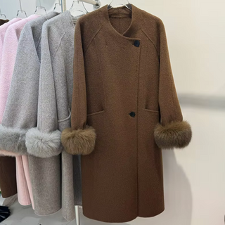 Elegant women's wool coat with real removable fox fur cuffs, high-quality cashmere winter coat available in brown, grey, white, and light pink, long overcoat for sophisticated winter style, luxury fox fur cuff wool coat. Cielie Vienna Brown Coat