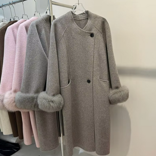 Elegant women's wool coat with real removable fox fur cuffs, high-quality cashmere winter coat available in brown, grey, white, and light pink, long overcoat for sophisticated winter style, luxury fox fur cuff wool coat. Cielie Vienna Brown Coat