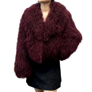 Luxurious bordeaux wine red Mongolian fur jacket coat with a fluffy big collar, showcasing its elegant cropped design and real sheep fur craftsmanship. Fur Jacket Burgundy Real - Cielie