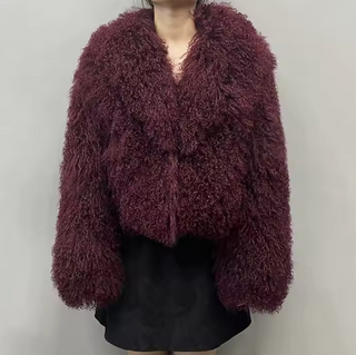 Luxurious bordeaux wine red Mongolian fur jacket coat with a fluffy big collar, showcasing its elegant cropped design and real sheep fur craftsmanship. Fur Jacket Burgundy Real - Cielie