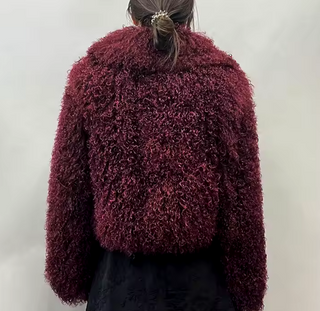 Luxurious bordeaux wine red Mongolian fur jacket coat with a fluffy big collar, showcasing its elegant cropped design and real sheep fur craftsmanship. Fur Jacket Burgundy Real - Cielie