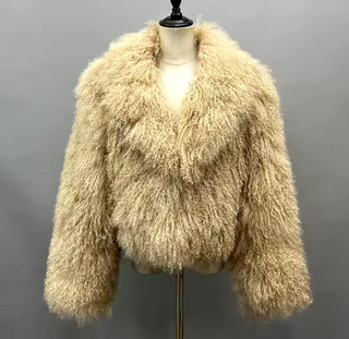 Luxurious bordeaux wine red Mongolian fur jacket coat with a fluffy big collar, showcasing its elegant cropped design and real sheep fur craftsmanship. Fur Jacket Burgundy Real Beige White Ivory - Cielie