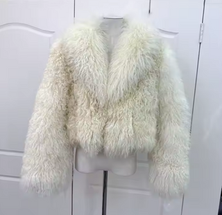 Luxurious bordeaux wine red Mongolian fur jacket coat with a fluffy big collar, showcasing its elegant cropped design and real sheep fur craftsmanship. Fur Jacket Burgundy Real - Cielie