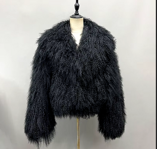 Luxurious bordeaux wine red Mongolian fur jacket coat with a fluffy big collar, showcasing its elegant cropped design and real sheep fur craftsmanship. Fur Jacket Burgundy Real - Cielie