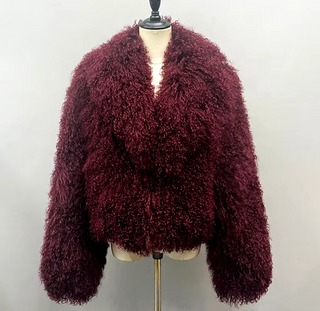 Luxurious bordeaux wine red Mongolian fur jacket coat with a fluffy big collar, showcasing its elegant cropped design and real sheep fur craftsmanship. Fur Jacket Burgundy Real - Cielie