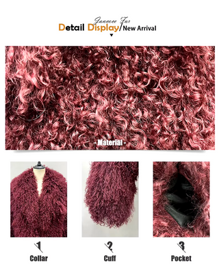 Luxurious bordeaux wine red Mongolian fur jacket coat with a fluffy big collar, showcasing its elegant cropped design and real sheep fur craftsmanship. Fur Jacket Burgundy Real - Cielie