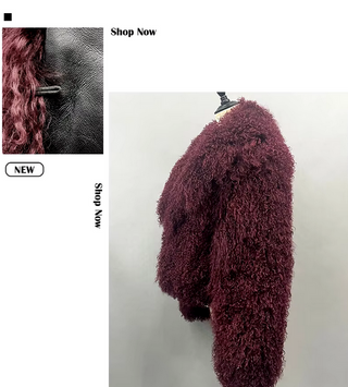 Luxurious bordeaux wine red Mongolian fur jacket coat with a fluffy big collar, showcasing its elegant cropped design and real sheep fur craftsmanship. Fur Jacket Burgundy Real - Cielie