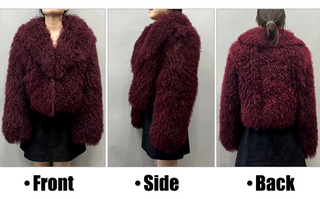 Luxurious bordeaux wine red Mongolian fur jacket coat with a fluffy big collar, showcasing its elegant cropped design and real sheep fur craftsmanship. Fur Jacket Burgundy Real - Cielie