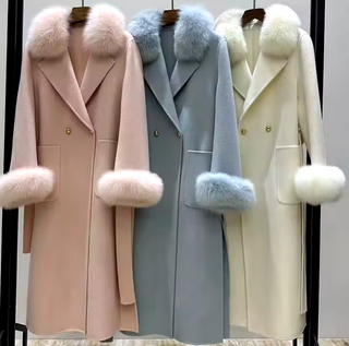 legant maxi cashmere wool coat in light pink , white light blue with real fox fur collar and cuffs, featuring side pockets and a belted waist for a tailored fit. Cielie Vienna