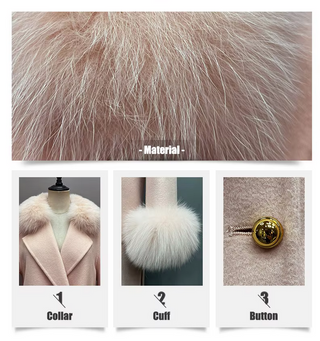 Elegant maxi cashmere wool coat in light pink with real fox fur collar and cuffs, featuring side pockets and a belted waist for a tailored fit.