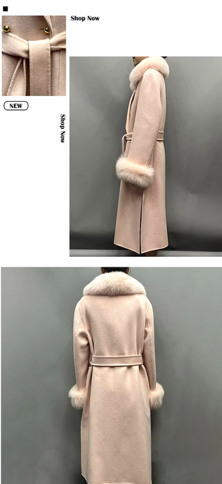 Classic white maxi cashmere wool coat with luxurious fox fur collar and cuffs, featuring side pockets and a flattering belted waist.