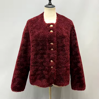 Warm cropped wool fur jacket in rich bordeaux with luxurious gold buttons, perfect for winter layering and cozy style. Cielie