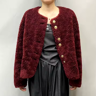 Warm cropped wool fur jacket in rich bordeaux with luxurious gold buttons, perfect for winter layering and cozy style. Cielie  teddy jacket