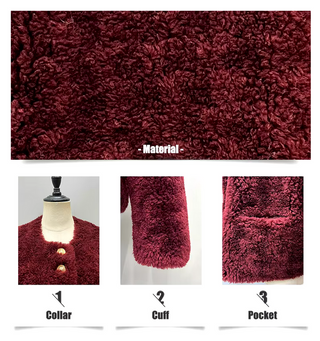 Warm cropped wool fur jacket in rich bordeaux with luxurious gold buttons, perfect for winter layering and cozy style teddy jacket. Cielie
