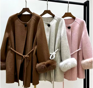 Luxurious brown wool cashmere jacket with fox fur cuffs and included matching scarf, perfect for winter elegance