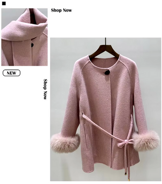 Beautiful light pink wool cashmere jacket with sophisticated fox fur cuffs and an included matching scarf, designed for winter warmth and fashion.