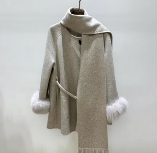 Chic grey wool cashmere jacket featuring elegant fox fur cuffs and a matching scarf, ideal for stylish winter layering