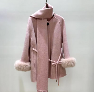 Beautiful light pink wool cashmere jacket with sophisticated fox fur cuffs and an included matching scarf, designed for winter warmth and fashion.
