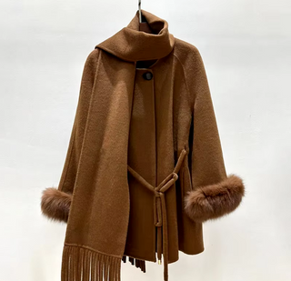 Luxurious brown wool cashmere jacket with fox fur cuffs and included matching scarf, perfect for winter elegance