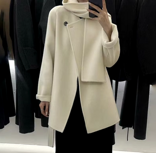 Elegant white cashmere wool jacket with matching scarf, designed for winter warmth and sophistication. White Cashmere Wool Jacket with scarf - Cielie Vienna White