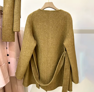 Elegant white cashmere wool jacket with matching scarf, designed for winter warmth and sophistication. White Cashmere Wool Jacket with scarf - Cielie Vienna Camel