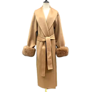 Elegant long camel cashmere wool coat with detachable fox fur cuffs, perfect for winter sophistication.
