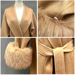 Elegant long camel cashmere wool coat with detachable fox fur cuffs, perfect for winter sophistication.