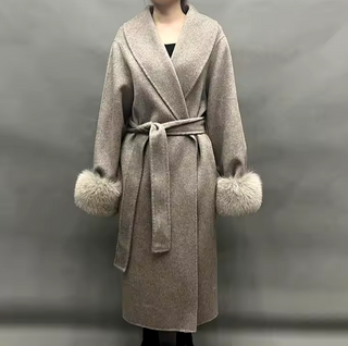 Elegant long camel cashmere wool coat with detachable fox fur cuffs, perfect for winter sophistication. beige