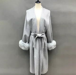 Elegant long camel cashmere wool coat with detachable fox fur cuffs, perfect for winter sophistication. Grey