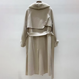 Grey cashmere wool coat with a detachable fox fur collar and cuffs, showcasing a tailored fit and elegant design. Grey