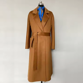Camel cashmere wool maxi coat with belt and oversized pockets, long warm winter coat for women, elegant outerwear for cold weather.Winter