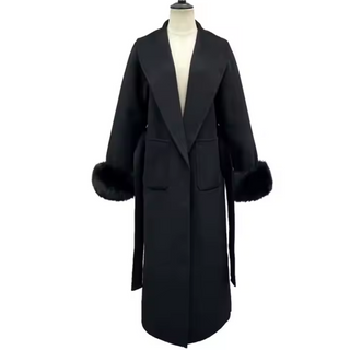 Black wool cashmere coat maxi with fox fur cuffs detachable - Cielie Vienna