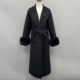Black wool cashmere coat maxi with fox fur cuffs detachable - Cielie Vienna