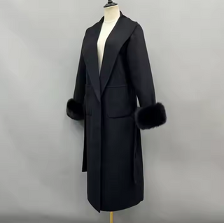 Black wool cashmere coat maxi with fox fur cuffs detachable - Cielie Vienna