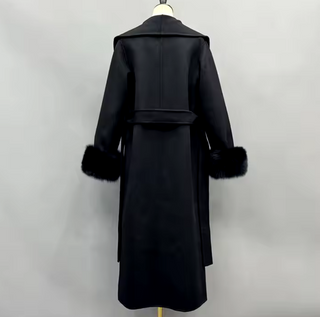 Black wool cashmere coat maxi with fox fur cuffs detachable - Cielie Vienna