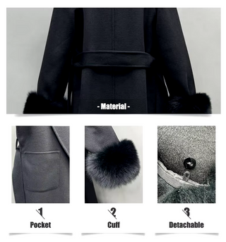 Black wool cashmere coat maxi with fox fur cuffs detachable - Cielie Vienna