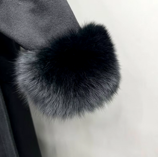Black wool cashmere coat maxi with fox fur cuffs detachable - Cielie Vienna