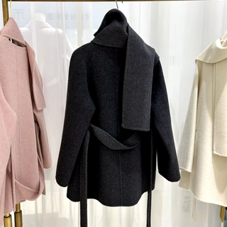 Elegant white cashmere wool jacket with matching scarf, designed for winter warmth and sophistication. White Cashmere Wool Jacket with scarf - Cielie Vienna Dark Grey