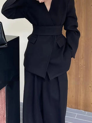 Black Suit Blazer Wide Leg Pants Elegant Woman Business with Belt Winter