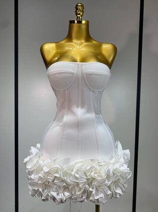 White Mini Dress Flower Skirt 3D Floral Rose