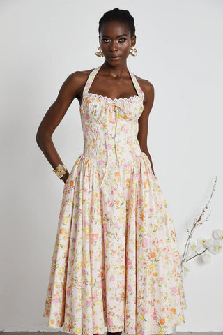 Adabella Pink Meadow Print Cotton Halter Midi Sundress Dupe Floral Midi Dress Vintage Floral Summer - Cielie Vienna