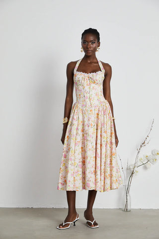 Adabella Pink Meadow Print Cotton Halter Midi Sundress Dupe Floral Midi Dress Vintage Floral Summer - Cielie Vienna